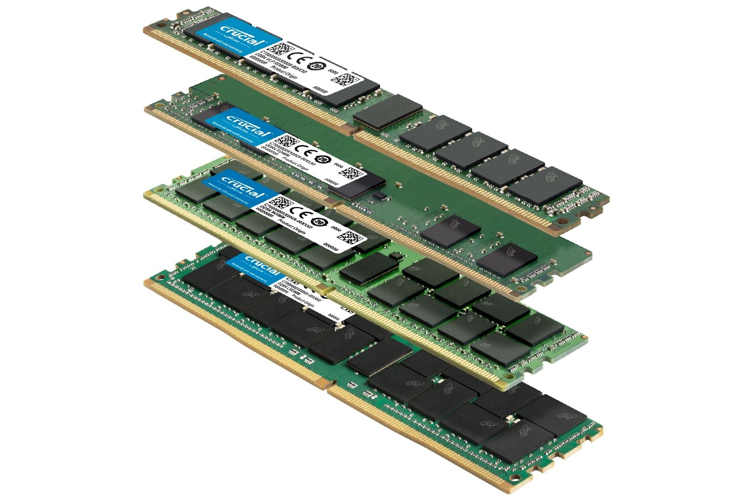 Ein Stapel von verschiedenen Crucial RAM-Modulen mit unterschiedlichen Formfaktoren