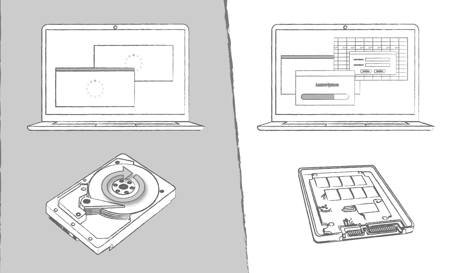 Eine Abbildung, die die Vorteile einer SSD im Vergleich zu einer Festplatte zeigt, wenn es um die Ladezeiten von Computerprogrammen geht