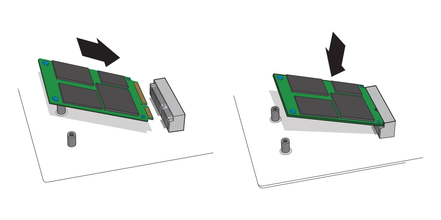 Eine Abbildung zeigt, wie bei einem Desktop-Computer eine mSATA-SSD in den mSATA-Sockel des Motherboards eingesetzt wird