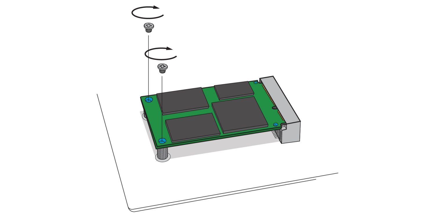 Eine Abbildung zeigt, wie bei einem Desktop-Computer eine neue mSATA-SSD am mSATA-Sockel des Motherboards festgeschraubt wird