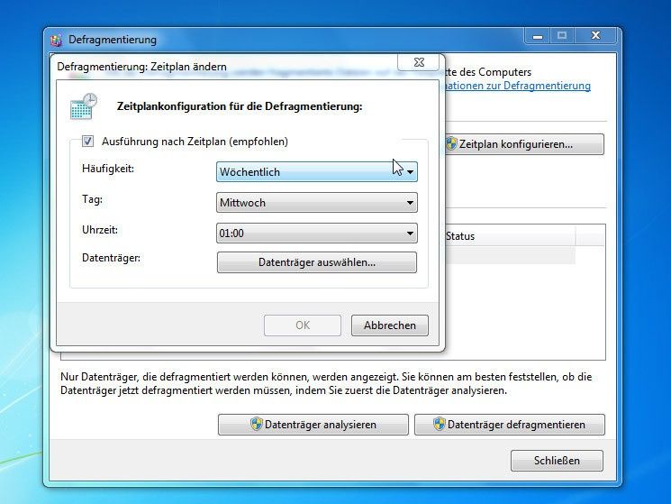 Windows 7 Datenträgerbereinigung: Popup-Fenster „Zeitplan ändern“