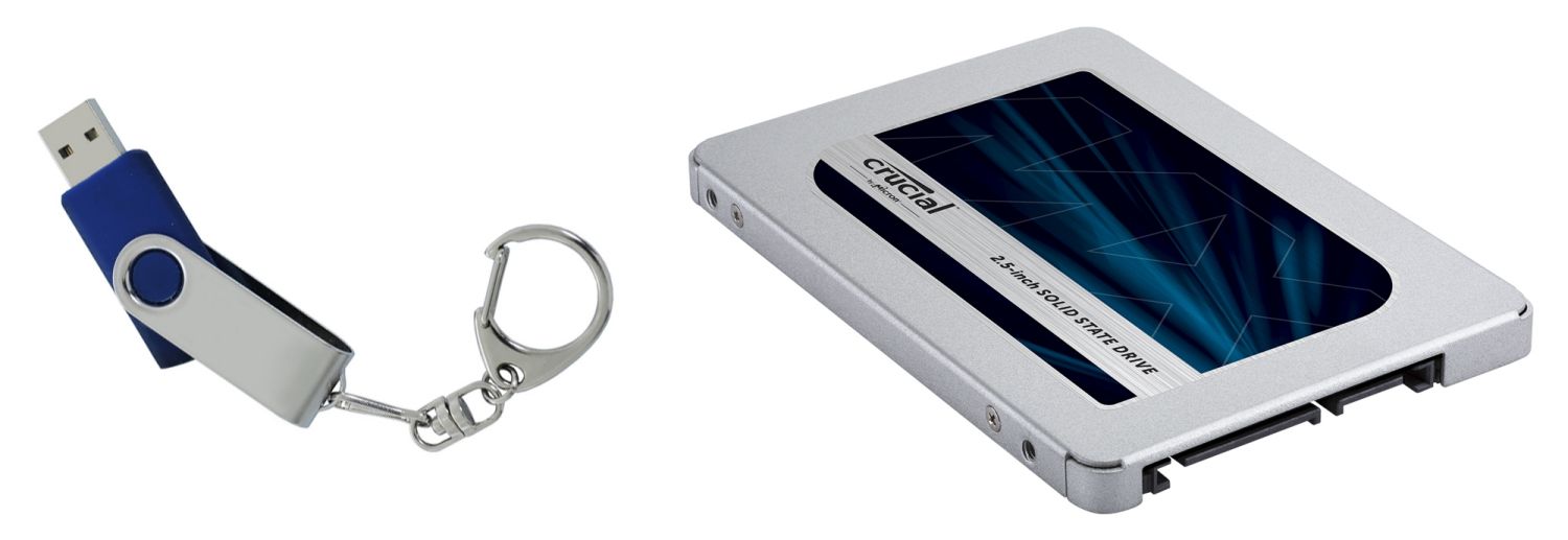 Zwei Beispiele für nichtflüchtigen Speicher sind beispielsweise ein USB-Stick und eine Crucial SSD