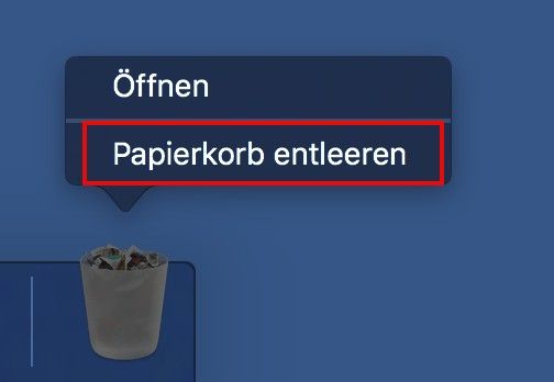 Screenshot der Option „Papierkorb entleeren“ auf einem Mac