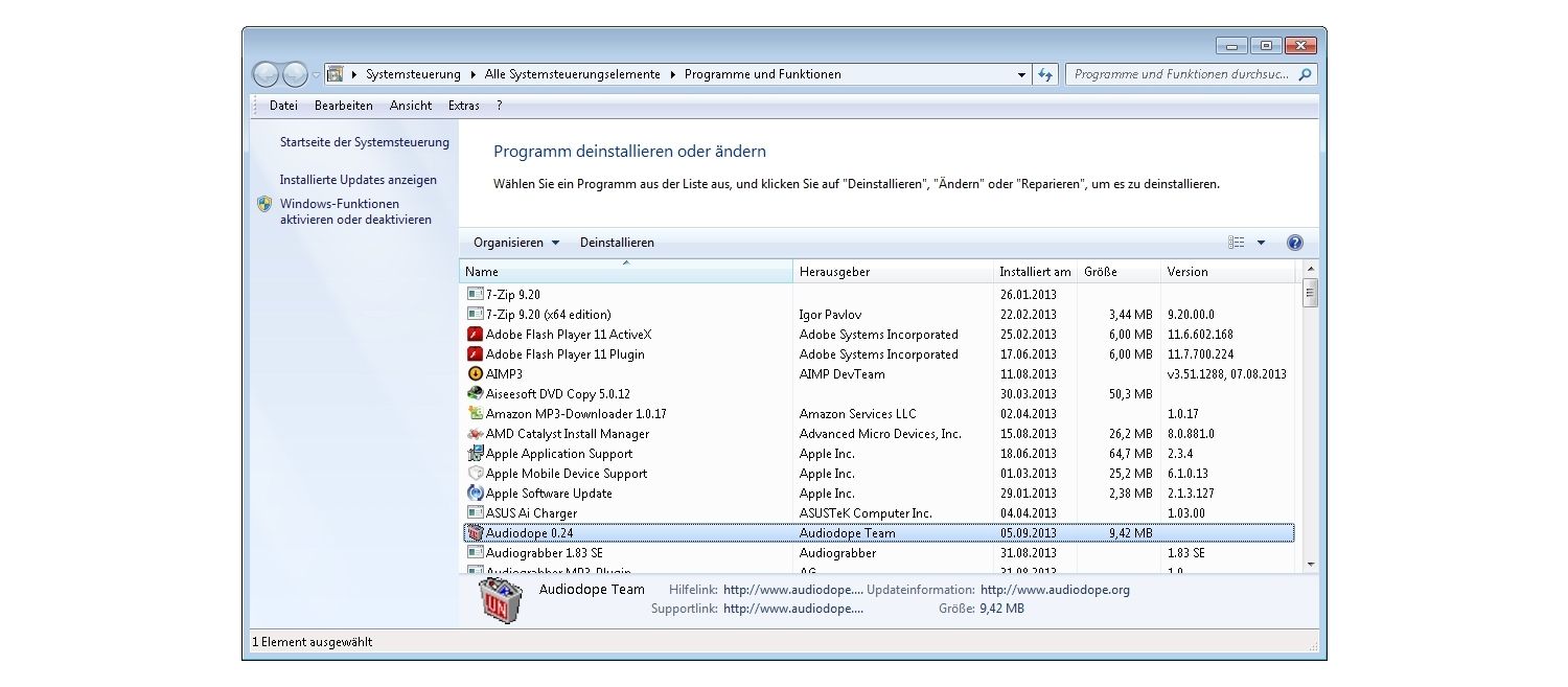 Popup-Fenster Windows 7 Deinstallieren eines Programms
